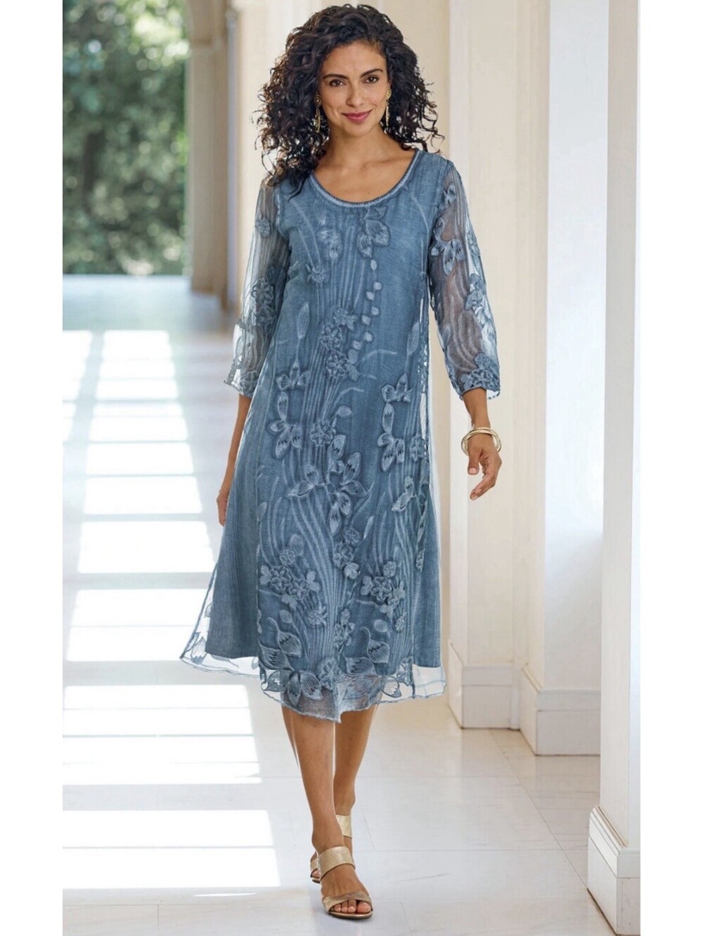 Soft Surroundings Mallard Blue Floral Embroidered Starling Silk Dress Size 3X